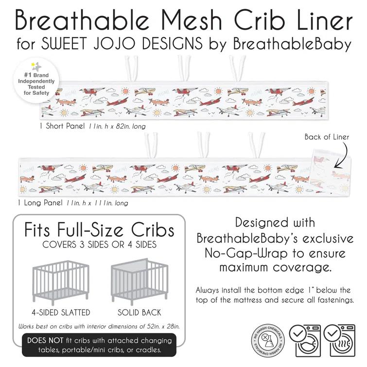 Sweet Jojo Designs Airplane Red and Blue Sweet Jojo Designs + BreathableBaby Breathable Mesh Crib Liner Anti Bumper Pad (Set of 2)