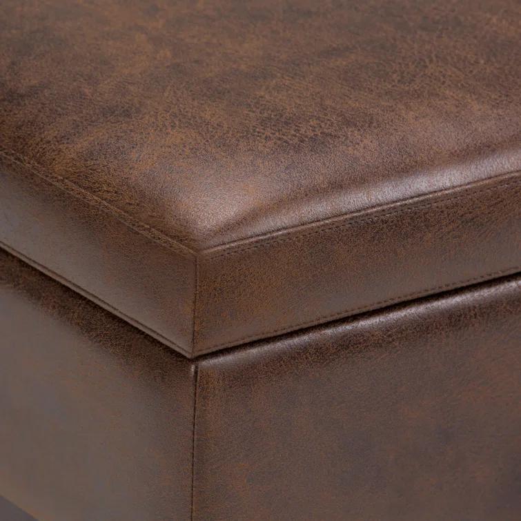 Simpli Home Owen 36"W Upholstered Square Coffee Table Storage Ottoman with Lift Top and Solid Wood Legs