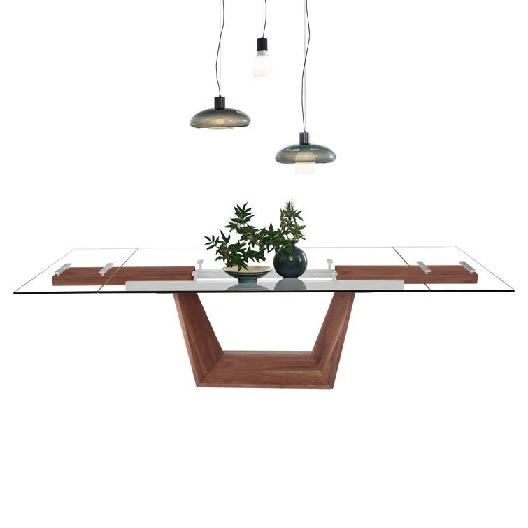 Davee Extendable Glass Top Solid Wood Base Dining Table