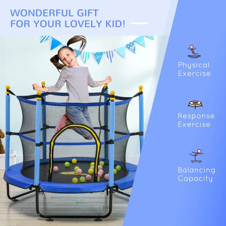 Qaba 4.6' Trampoline For Kids, 55 Inch Toddler Trampoline With Safety Enclosure & Ball Pit For Indoor Or Outdoor Use, Built For Kids 3-10 Years, Yellow