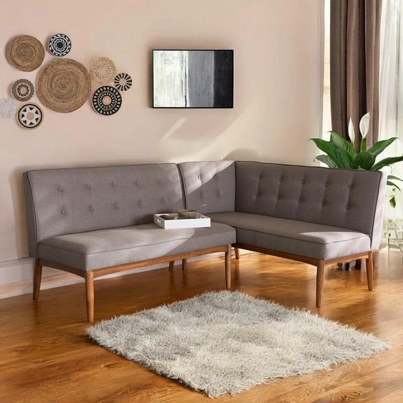 George Oliver Tomball Gray Fabric Upholstered 2-Pc Wood Dining Nook Banquette Set, 31.39" H X 53.25" W X 26.16" D