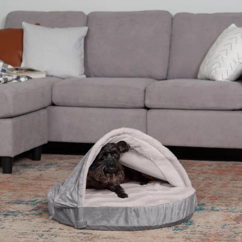 FurHaven Wave Fur & Velvet Snuggle Cave Orthopedic Hooded Dog Bed