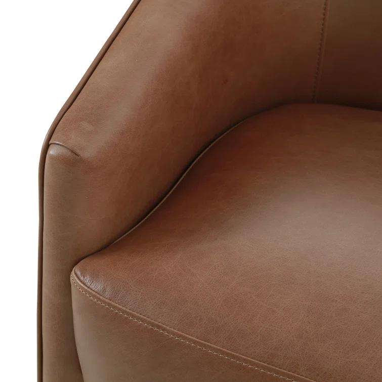 Beige Contemporary Leather-Wood Upholstered Arm Chair 25"W