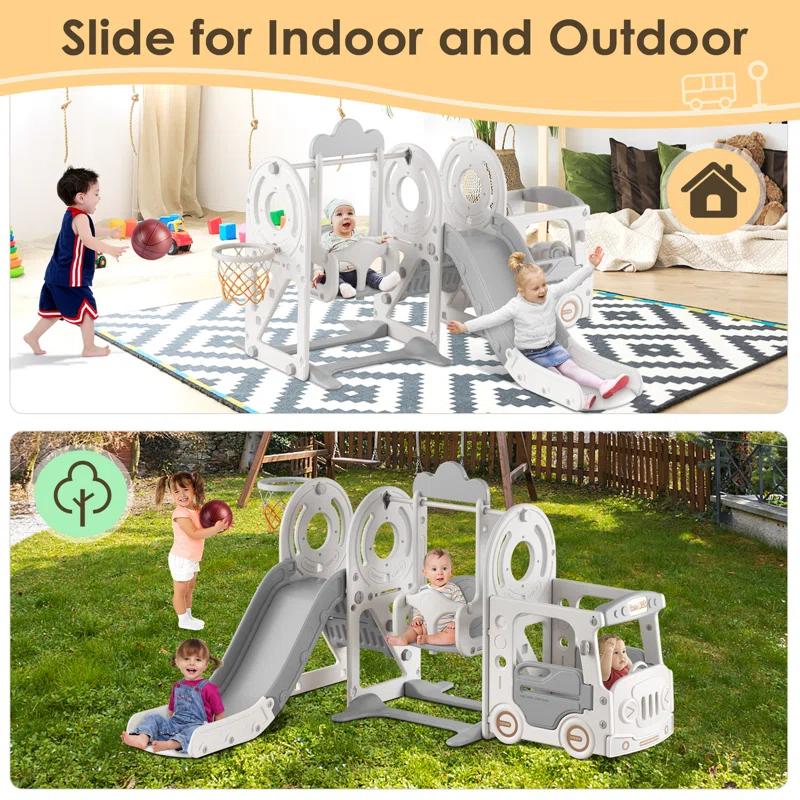 Suteck 5 in 1 Toddler Slide, Kids Slide with Climber,Bus Playhouse and Swing Outdoor Indoor Slide Playset