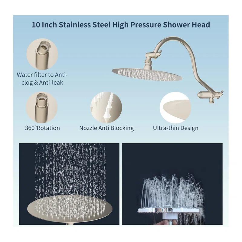 10'' High Pressure Rainfall Shower Head/Handheld Showerhead Combo with 12'' Adjustable Curved