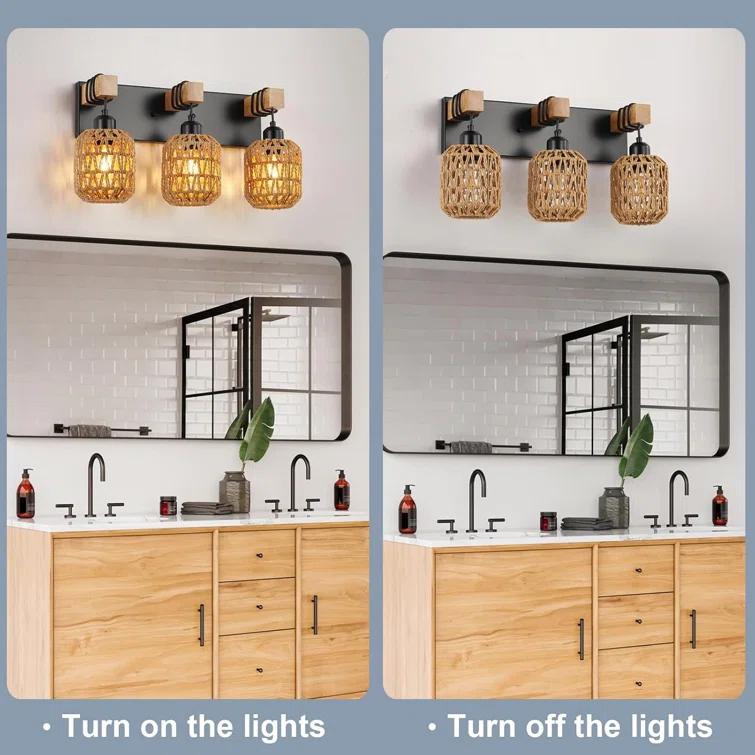 BEAUTY DEPOT Rustic Wood Bathroom Vanity Light Fixture With Boho Wicker Lampshade, 3-Light Farmhouse Wall Sconce For Bedroom, Hallway, Living Room, Black Rattan Design
