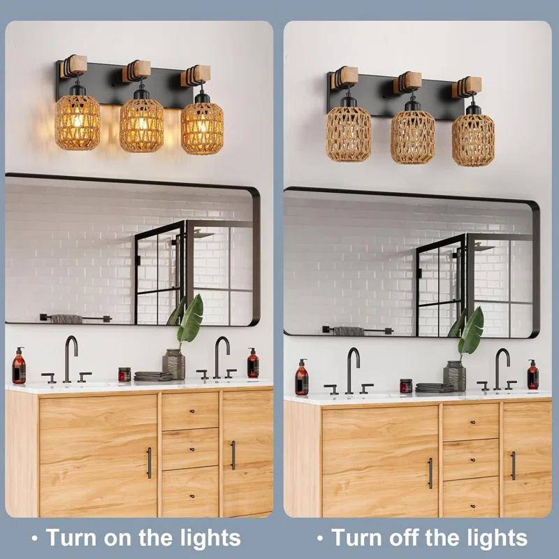 BEAUTY DEPOT Rustic Wood Bathroom Vanity Light Fixture With Boho Wicker Lampshade, 3-Light Farmhouse Wall Sconce For Bedroom, Hallway, Living Room, Black Rattan Design