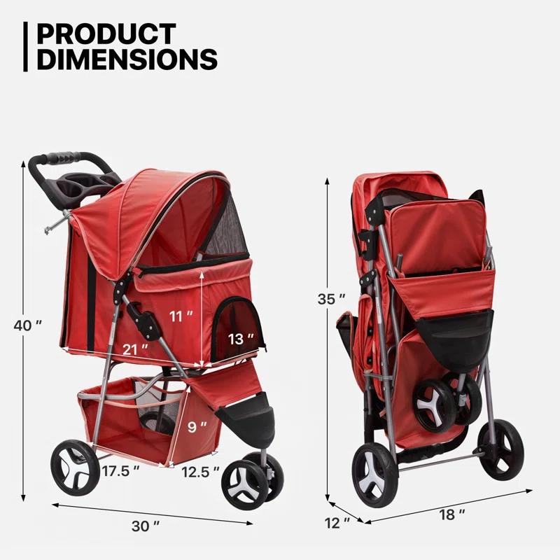 ATCHISON Foldable Pet Stroller, 3 Wheels Folding Carrier Jogger Stroller for Dogs Cats with Canopy and Basket