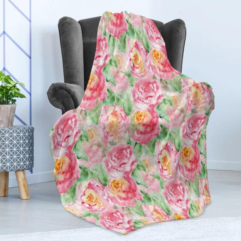 Ambesonne Ambesonne Rose Fleece Blanket Soft Blossoming Pink Green