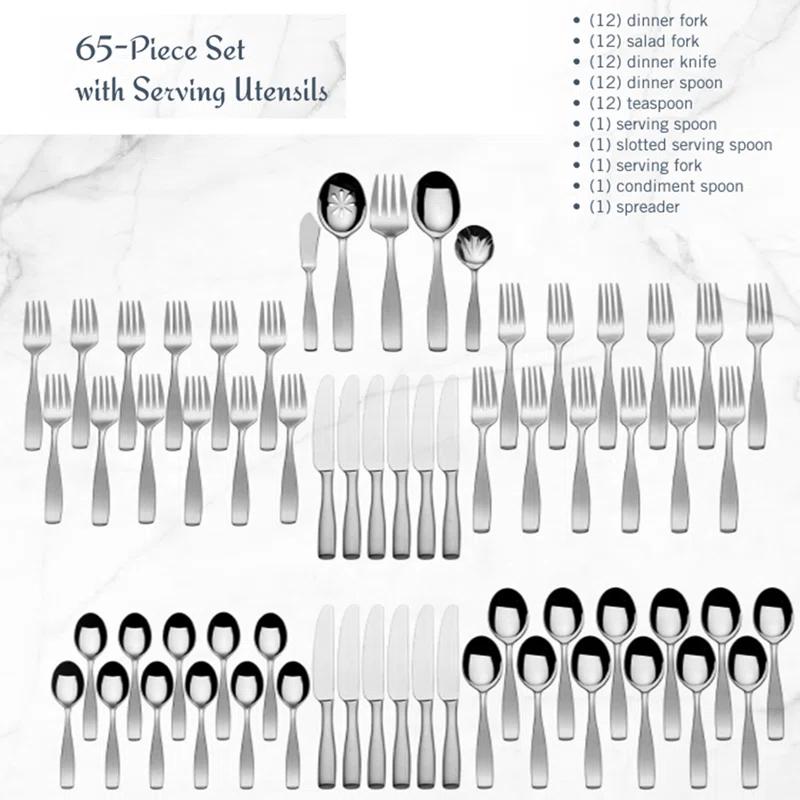 Hokku Designs Flatware Service for 12, 65 Piece Set, 18/10 Stainless Steel Silverware Set