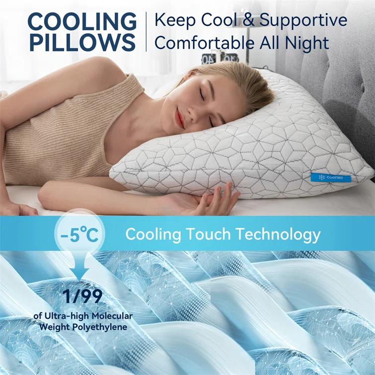 Alwyn Home Set Of 2 Cooling Shredded Memory Foam Pillows For Sleeping, Pillow Cooling Gel Pillows For Hot Sleepers Cool Pillow For Side Back Sleeper, Neck Pain Relief Adjustable Gel Bed Pillow For Hot Sleepers