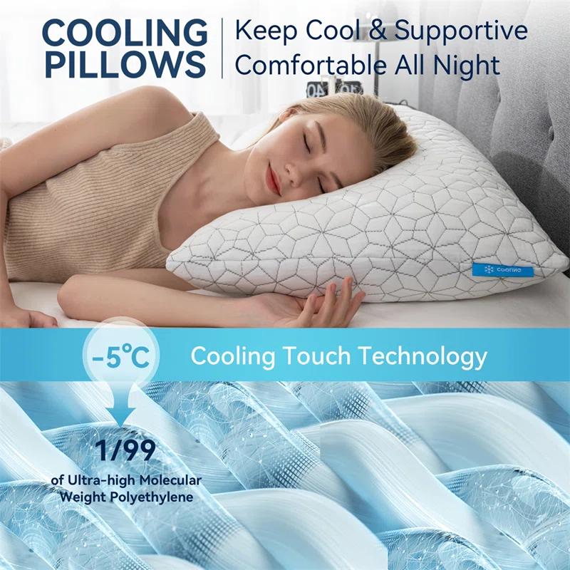 Alwyn Home Set Of 2 Cooling Shredded Memory Foam Pillows For Sleeping, Pillow Cooling Gel Pillows For Hot Sleepers Cool Pillow For Side Back Sleeper, Neck Pain Relief Adjustable Gel Bed Pillow For Hot Sleepers