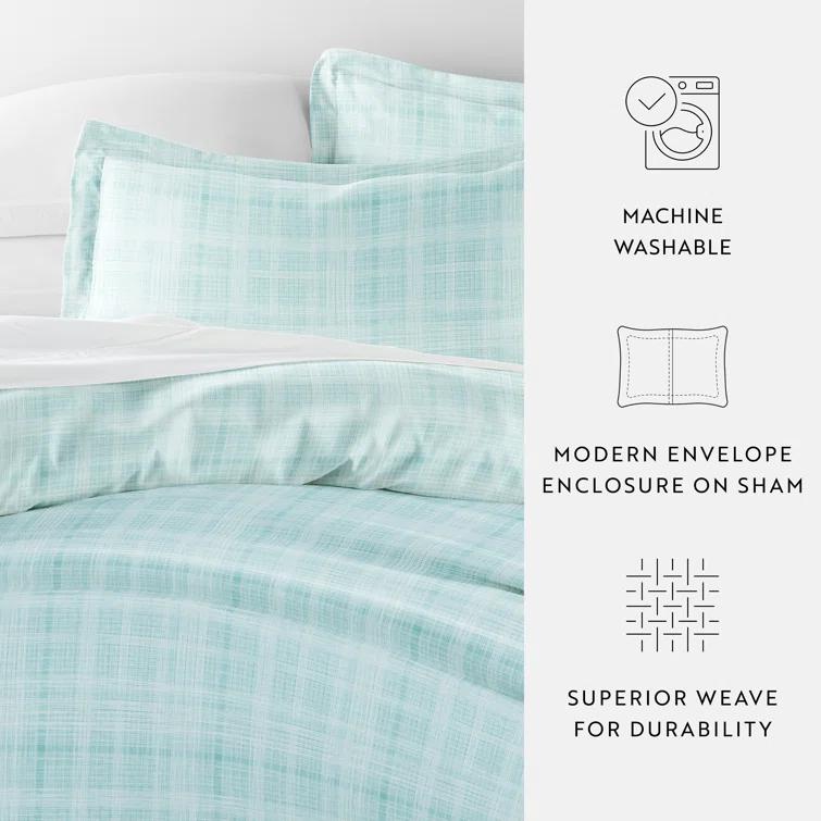 Aqua Plaid Microfiber Full/Queen Duvet Cover Set with Shams