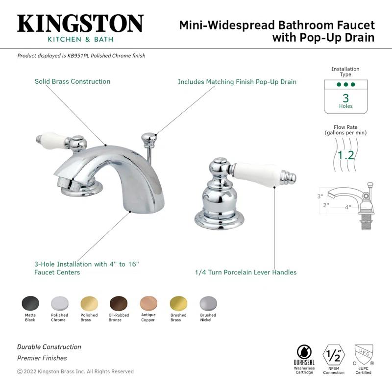 Kingston Brass Victorian Two-Handle 3-Hole Deck Mount Mini-Widespread Bathroom Faucet with Plastic Pop-Up