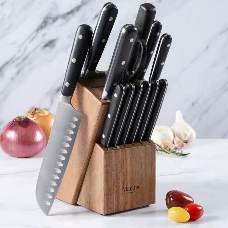 14-Piece Black Stainless Steel Knife Set with Acacia Block