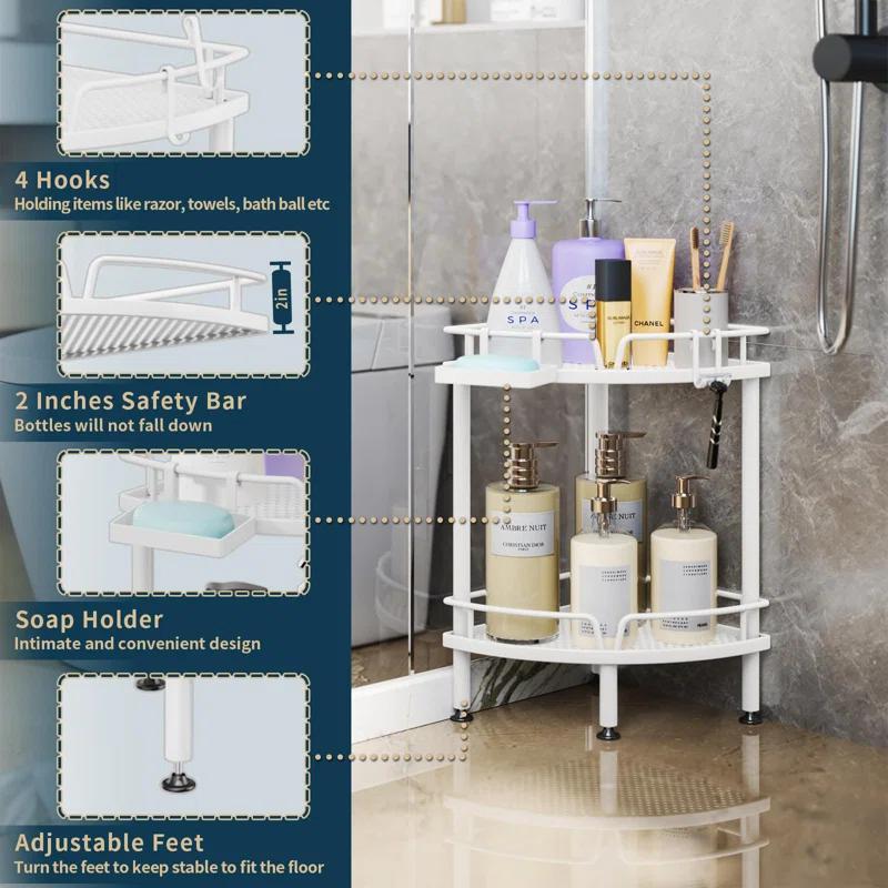 Rebrilliant Corner Shower Caddy Stand Shower Organizer With Soap Holder, Standing Tall Floor Shower Stand With Adjustable Feet & 2 Hooks, Shower Shelf Rack Storage For Bathroom,(White/2 Tier)