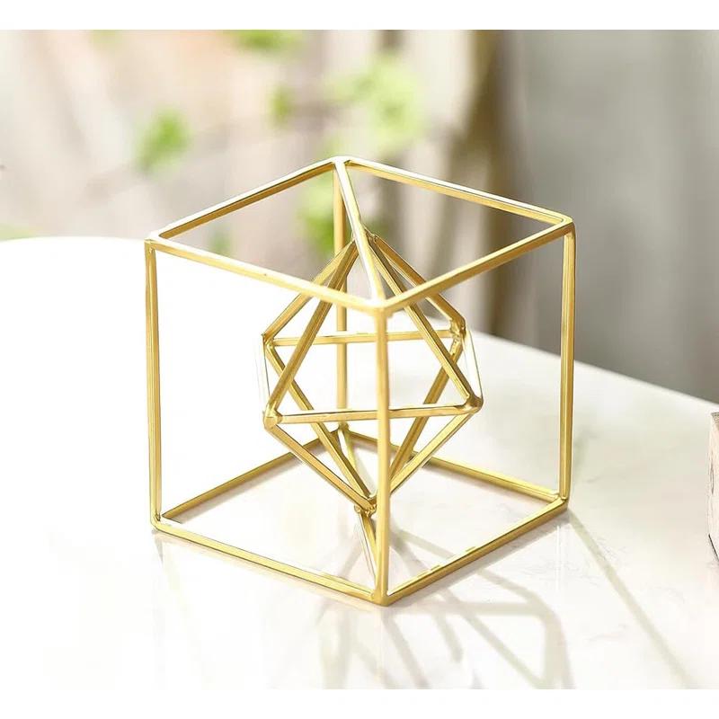 2024 Gold Metal Geometric Orb Sculpture - 4.72" Modern Square Abstract Decor for Home & Office