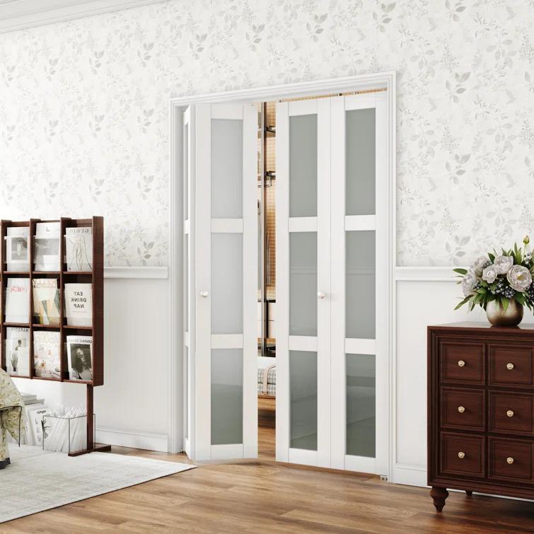 CHIC MODE Double Bifold Doors 3 Lite Frosted Glass Solid Manufactured Wood Prefinished Folding Door