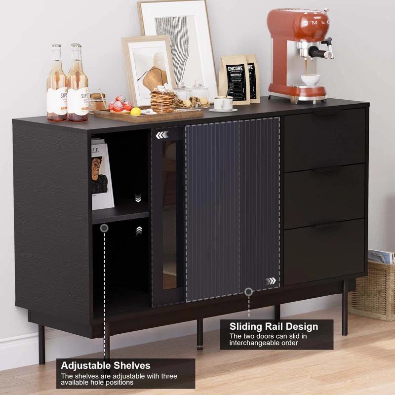 Ebern Designs Ebern Designs Sideboard Anetha, 47" X 31.5" Buffet Anetha With Storage, Black Sideboard With 2 Sliding Doors & 3 Drawers, Wood Coffee Bar Entryway Storage For Living Room