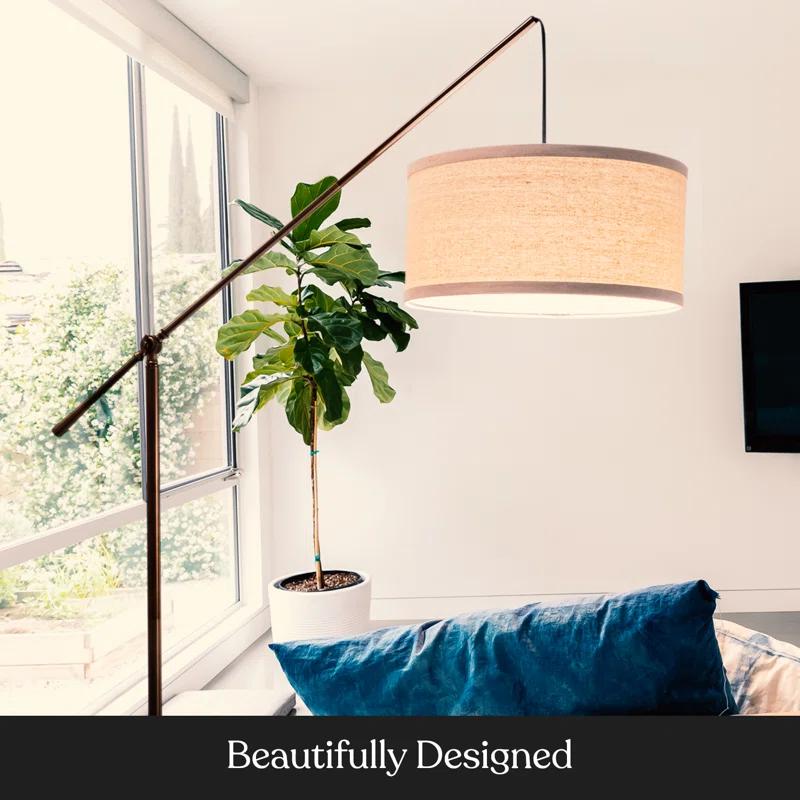 Brightech Hudson 70 in. Modern Height-Adjustable LED Tall Standing Floor Lamp with Beige Fabric Drum Shade