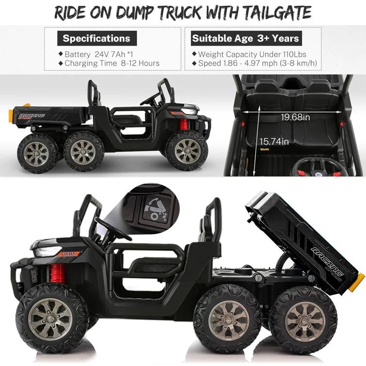 JOYRACER 24V 2 Seater Ride On Dump Truck with Remote Control , Electric UTV Car with Electric Dump Bed, 4WD Power Ride Cars W/6 Wheels Ride On Toys with Shovel Music Player