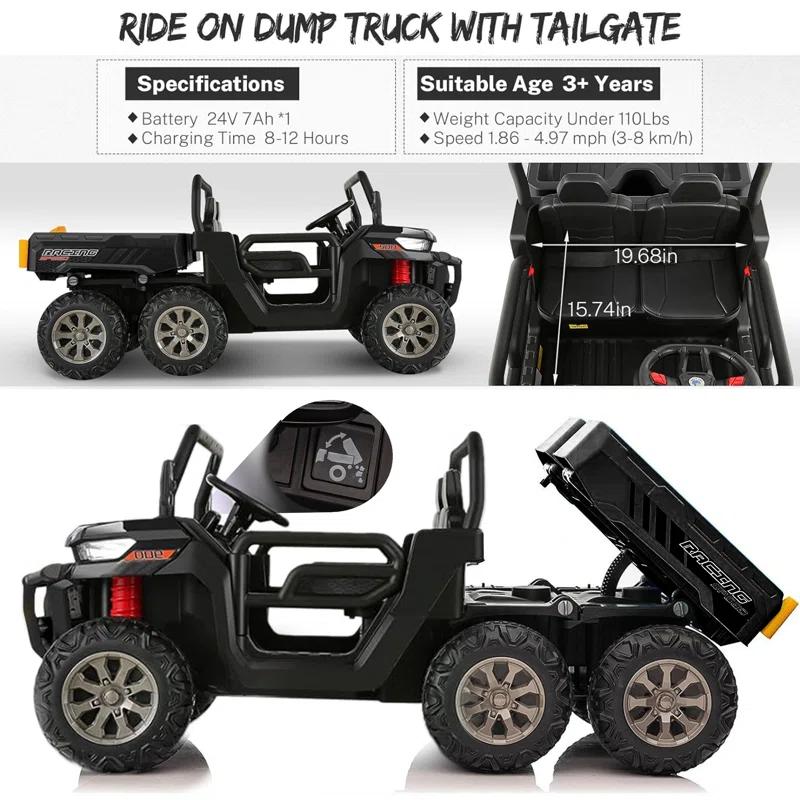 JOYRACER 24V 2 Seater Ride On Dump Truck with Remote Control , Electric UTV Car with Electric Dump Bed, 4WD Power Ride Cars W/6 Wheels Ride On Toys with Shovel Music Player
