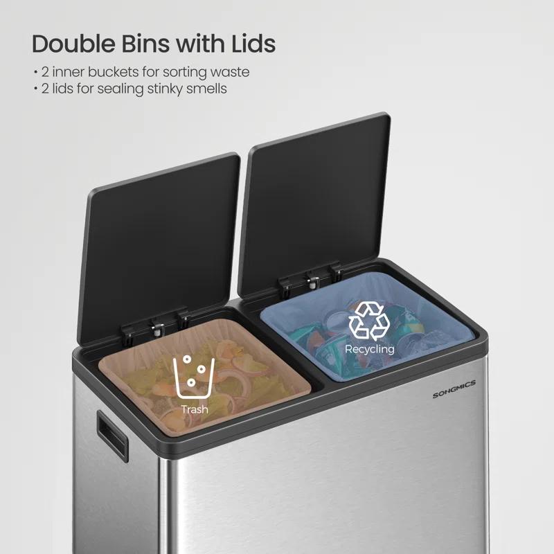 Songmics 2 x 8 Gallon Stainless Steel Multi-Compartments Trash Can with 15 trash bags
