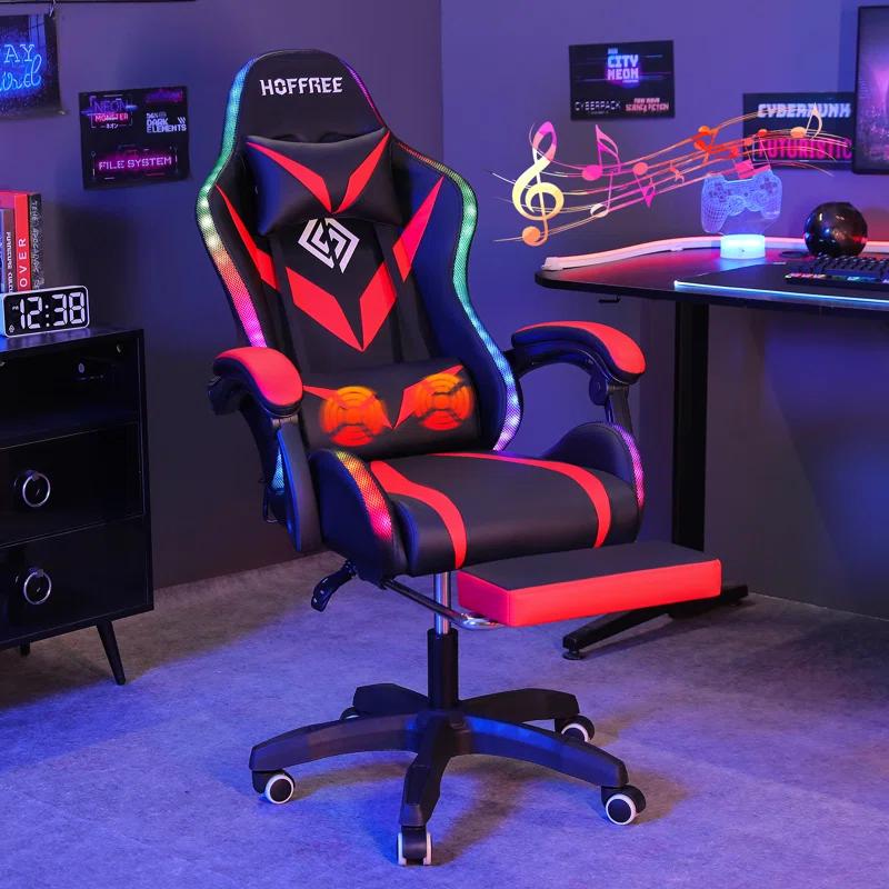 Hoffree Hoffree Massage Ergonomic Gaming Chair with Bluetooth Speakers and RGB LED Lights