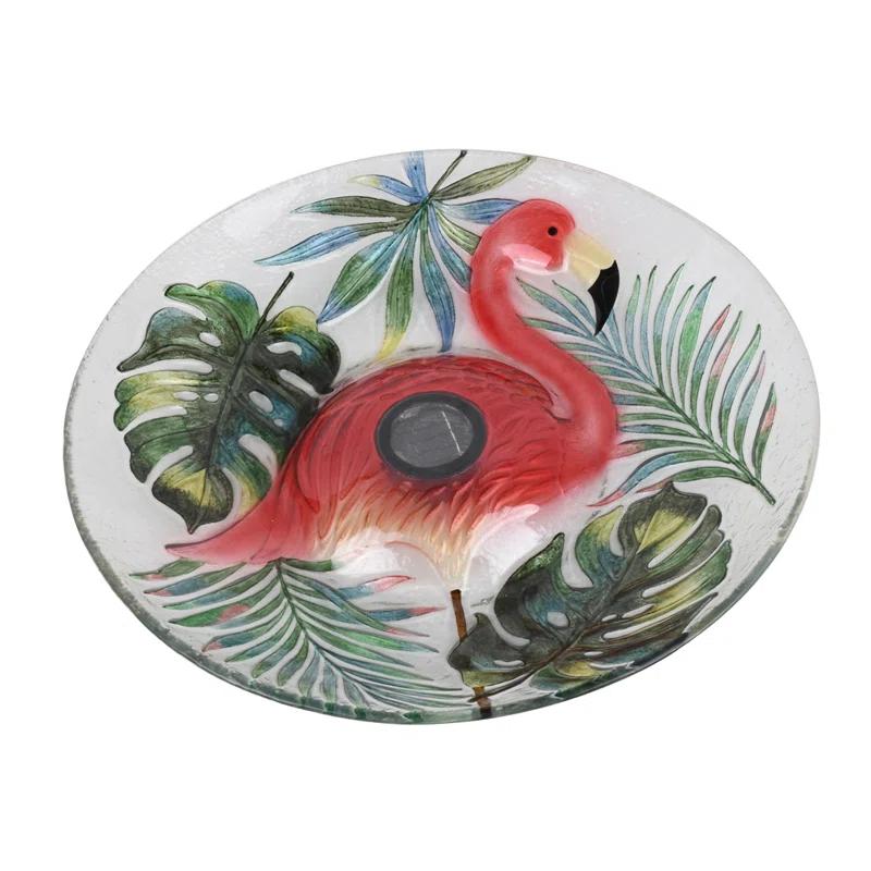 Hi-Line Gift Ltd. Solar LED Verdant Glass Bird Bath with Stand - Flamingo