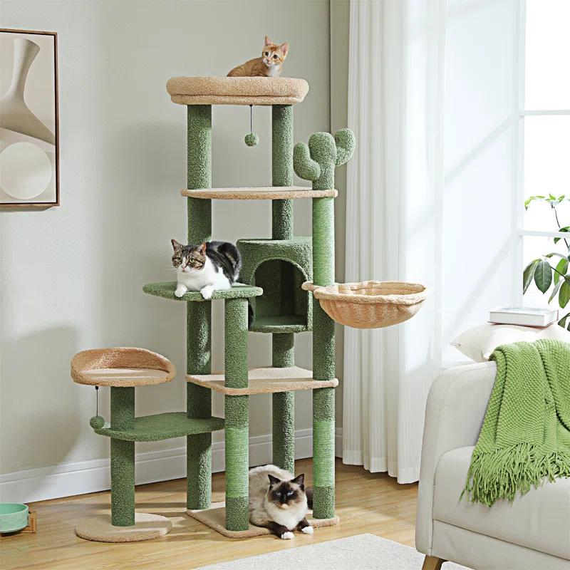 59" Cactus Cat Tree, Large Cat Tree For Indoor Cats, Cat Tower For Large Cats, Multi-Level Cat Tower, Cat Condo With Large Hammock, Scratching Post, And 2 Perches