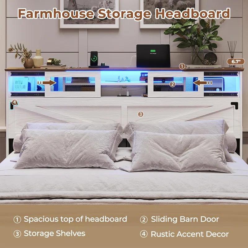 Ivy Bronx Farmhouse Bed Frame King Size With Bookcase Headboard And 2 Drawers, Wooden Platform King Bed With Led Lights And Charging Station, Rustic Accent Headboard With Sliding Door, White