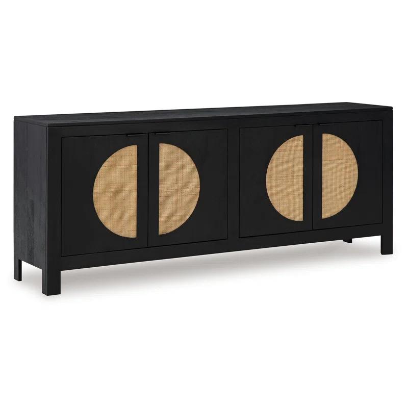 Benjara Sideboard Cabinet Console, 4 Doors Woven Cane, 70 Inch Black And Brown