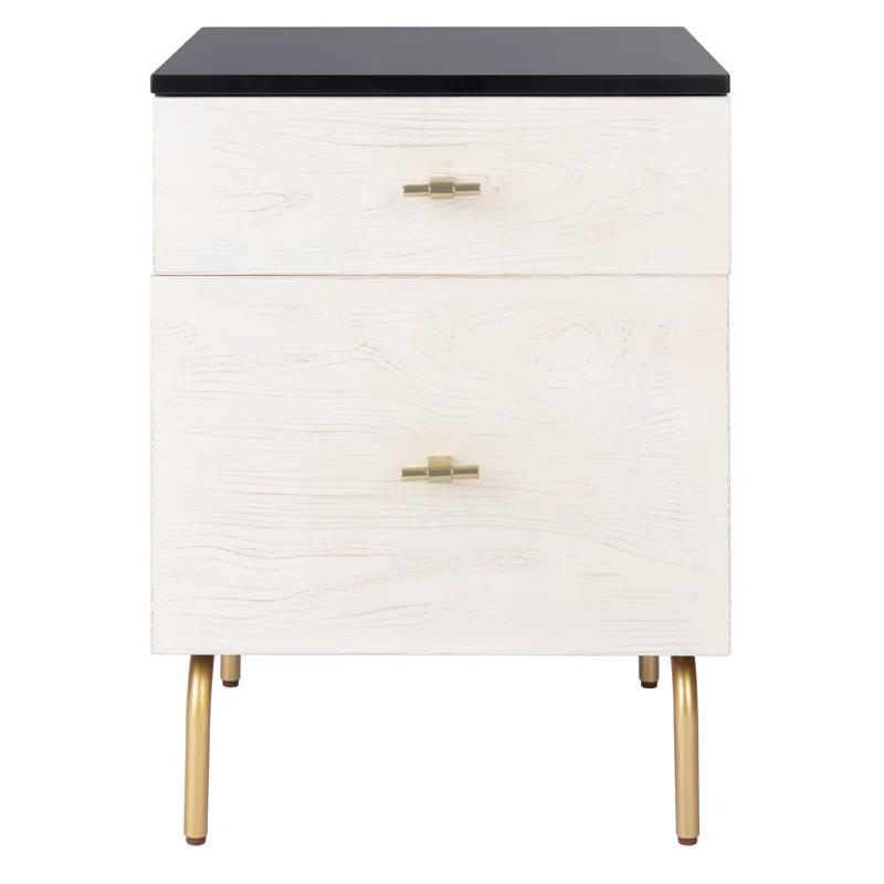 Ivy Bronx Elegant Linaris 18'' W Nightstand – Mid-Century Modern Rustic 2-Drawer Wood Table with Gold Handles