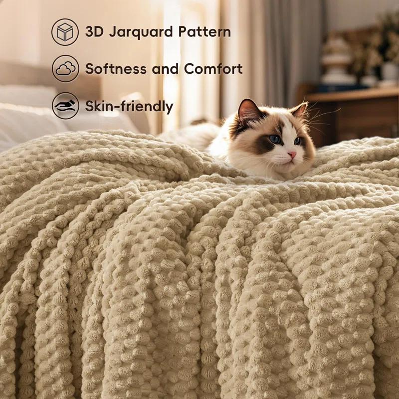 FAST APPLIANCES LLC Ultra Soft Flannel Fleece Blanket Queen Size, Lightweight 3D Jacquard Fleece Blanket, No Shedding, No Pilling, Luxury 340GSM Aesthetic Fluffy Cozy For Bed Room Decor, 90"X90", Camel/Light Khaki