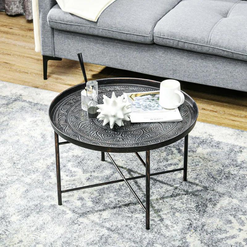 Dakota Fields 24" Round Coffee Table with Hammered Tray Top & Metal Frame