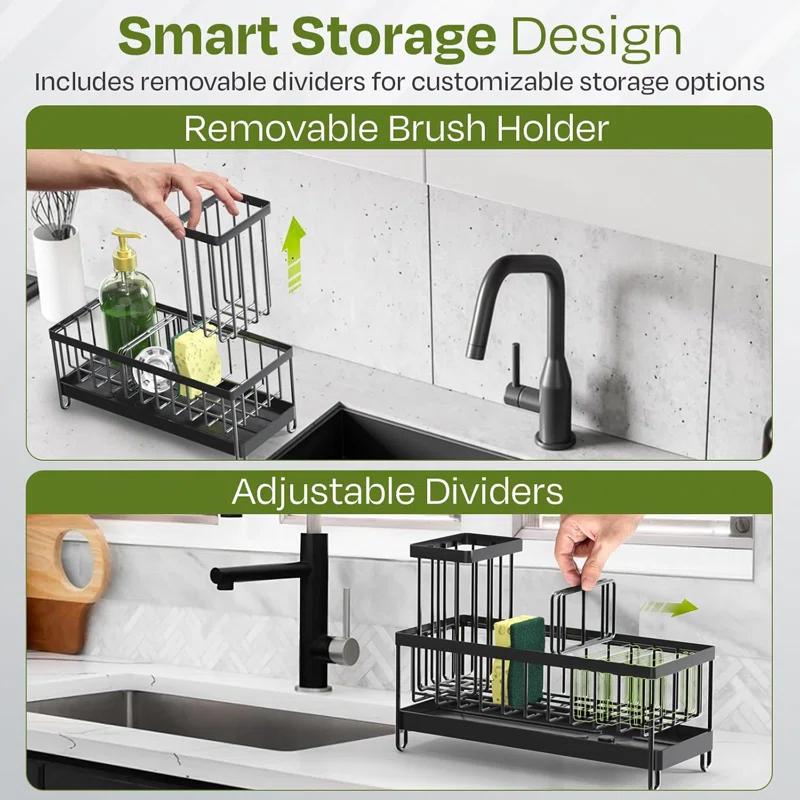 WKING Stainless Steel Kitchen Sink Caddy Organizer With Draining Tray, Rustproof Sponge Holder For Sink, Adjustable Compartments, Space-Saving Design