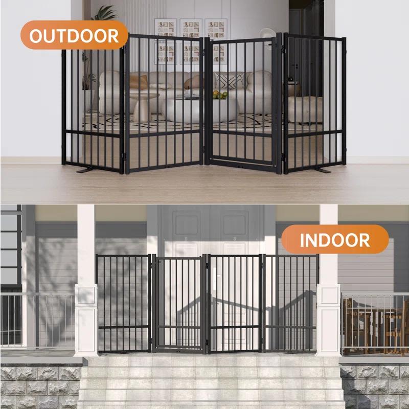 Full Matel Freestanding Dog Gate With Door, 32 Inch Height Foldable Pet Dog Fence Extra Wide Free Standing Small Dog Gates For Doorways,House,Stairs,Porch,Deck,Yard