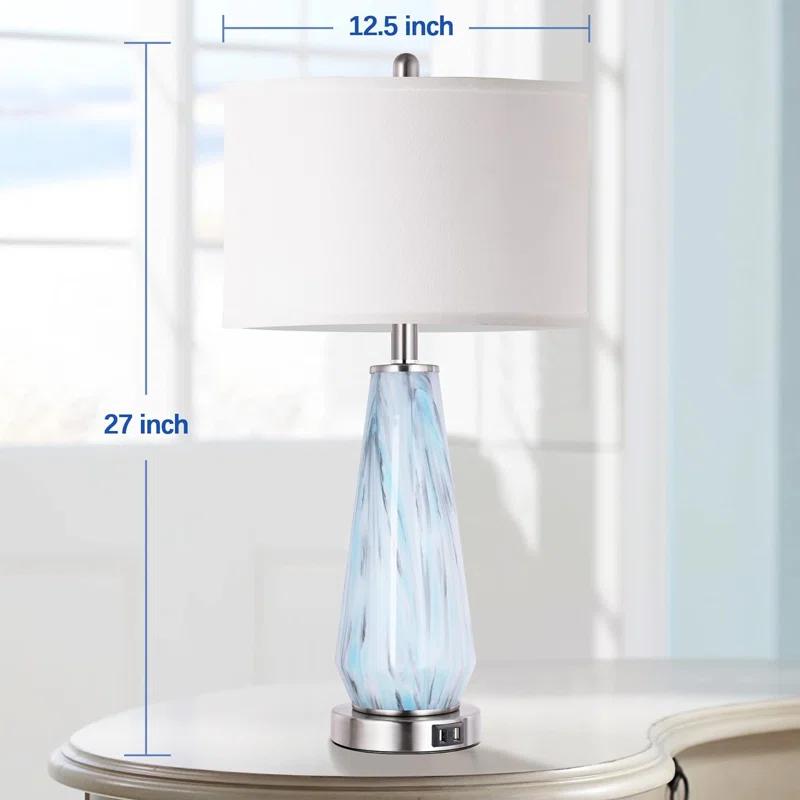 Brayden Studio® Modern Table Lamp Set Of 2 Touch Control, 27" Tall Faded Swirl Blue Gray Art Glass Bedside Lamp With USB Ports, 3-Way Dimmable Hand Crafted Nightstand Lamps White Drum Shade For Living Room, Bedroom