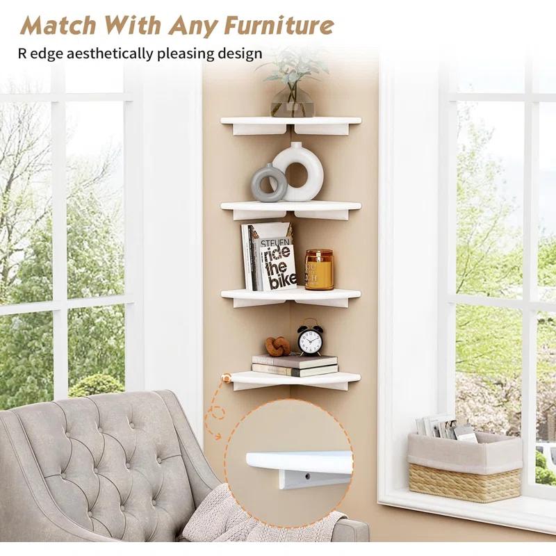 Latitude Run® White Corner Floating Shelves For Wall Set Of 4, Rounded Corner Shelves Wall Mounted,Small Spaces