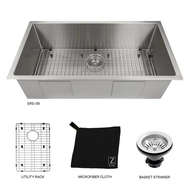 ZLINE SRS-36 ZLINE 36 in. Meribel Undermount Single Bowl Stainless Steel Kitchen Sink W/ Bottom Grid (SRS-36)