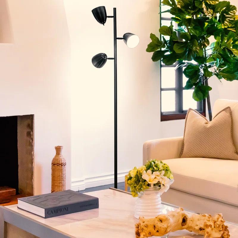 Brightech Jacob 64" Modern 3-Light Adjustable LED Floor Lamp with Black Finish and Metal Cone Shades, Bulbs Included