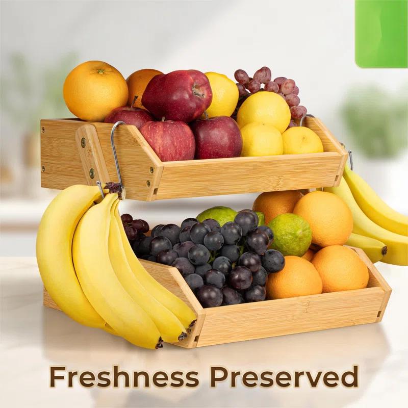 Foundry Select Fruit Basket W/Banana Hanger, 2-Tier Bamboo Fruit & Vegetable Storage Organizer For Kitchen Counter, Lightweight & Easy Assembly Countertop Fruit Stand Holder Bowl