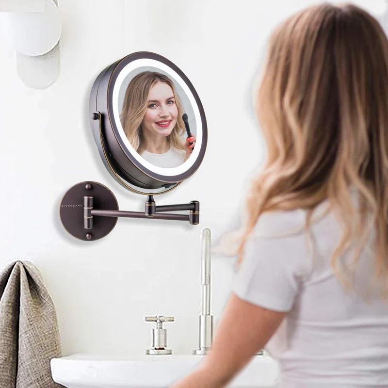 Ovente OVENTE 7" Lighted Wall Mount Makeup Mirror with 1X/10X Magnification, Cordless Double Sided Magnifying Round Vanity Mirror, 360° Swivel Design, Extendable and Folding Arm, Antique Bronze MFW70ABZ1X10X