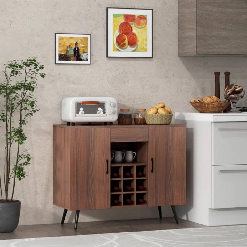 George Oliver Mid-Century Modern Buffet Sideboard Server Cabinet With 9-Bottle Wine Rack