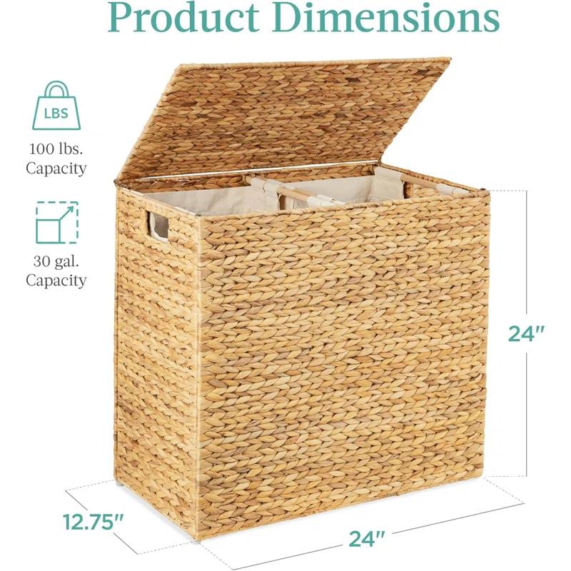 Bayou Breeze Large Water Hyacinth Double Laundry Hamper Basket w/ 2 Liner Bags, Handles