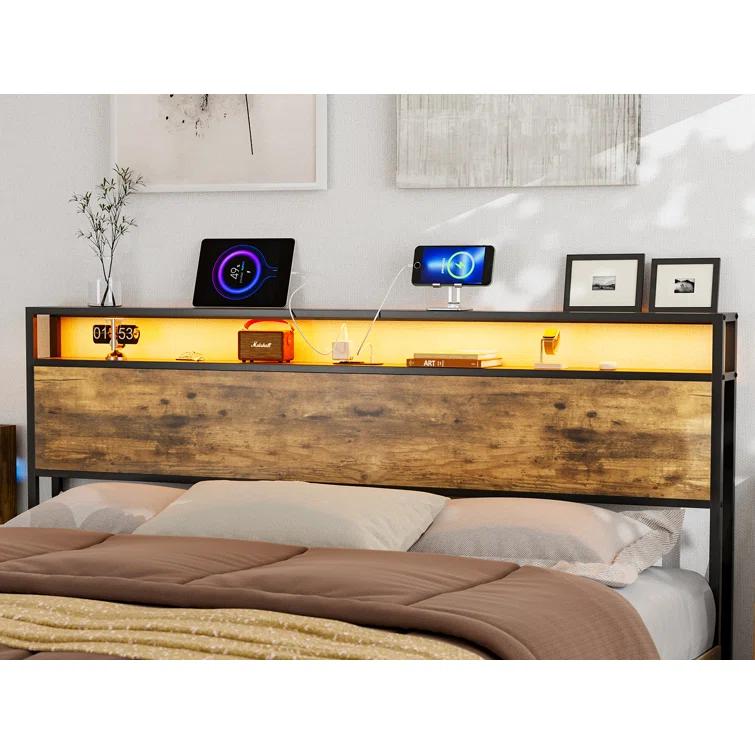 Ivy Bronx Kaiwei Storage Headboard With Led Lights & Charging Station - Industrial Metal And Wood