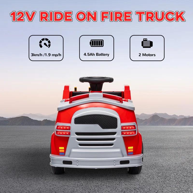 Qaba Qaba 12V Ride on Fire Truck with Siren, Lights, Soft Start, Horn Music, Red