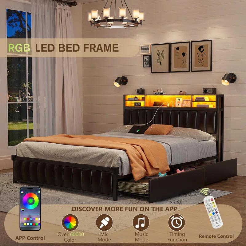 Ivy Bronx Kanchi Upholstered Metal Platform LED Bed Frame with 4 Storage Drawers and Bookcase Headboard, Black