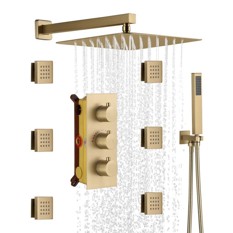 CASAINC M6001-A-12-BG Revitalize 12 Inch Luxury Thermostatic Complete Shower System with Rough-in Valve