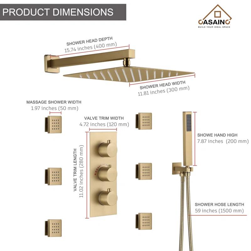 CASAINC M6001-A-12-BG Revitalize 12 Inch Luxury Thermostatic Complete Shower System with Rough-in Valve
